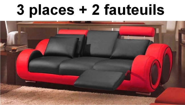 ensemble designa iv, composé d'un canapé 3 places + 2 fauteuils en cuir supérieur haut de gamme italien vachette vénésetti. noir n°366 pour les assises et rouge pour les bordures